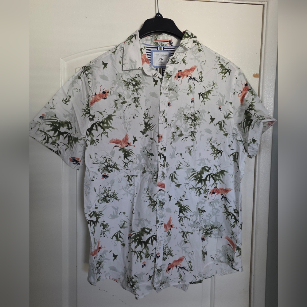 Men's Denim And Flower Tropical Shirt Floral Crane Bird XL Button Up